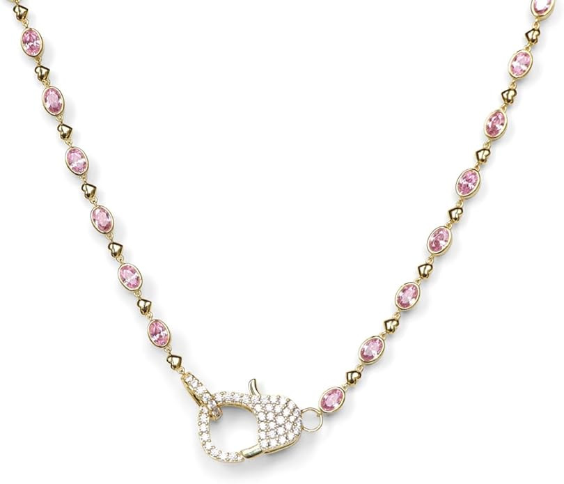 24K Gold Plated Crystal CZ Studded Open Link Necklace for Women with Crystal and Heart Chain in Pink