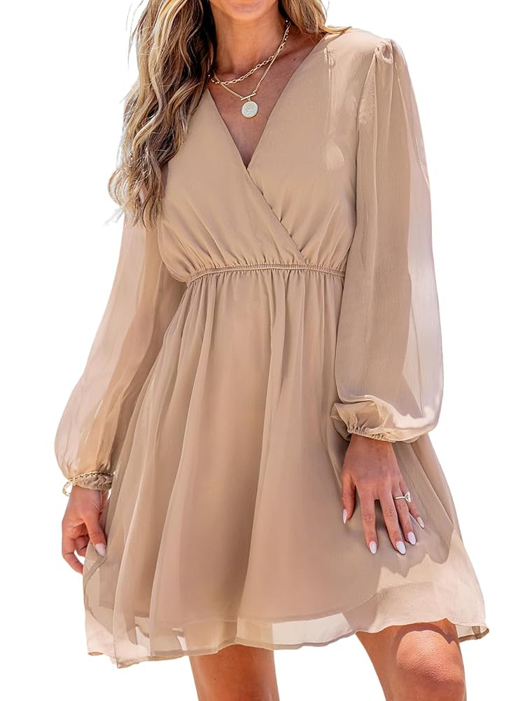 CUPSHE Women's Mini Dresses Casual Spring V Neck Chiffon Long Peasant Sleeves Flowy Summer Dress