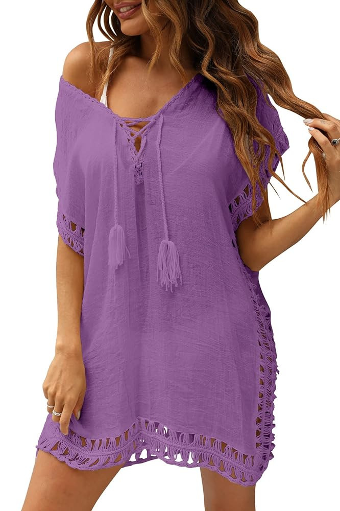 Womens Swimsuit Cover Ups for Swimwear Crochet Mesh Bathing Suit Coverups Bikini Chiffon Dress Deep V Beach Covers