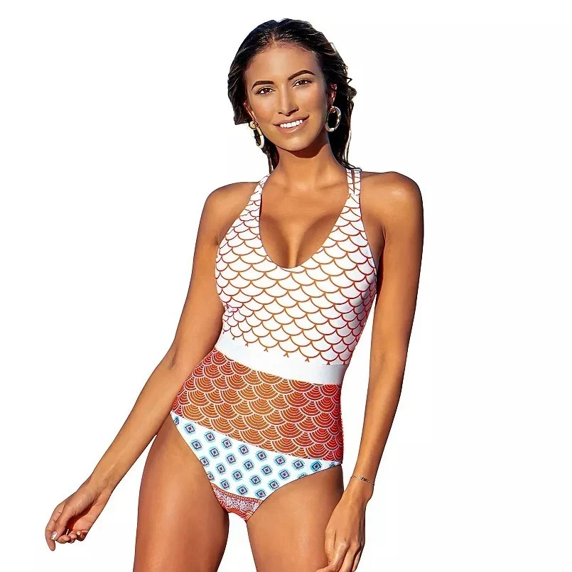 Cupshe One Piece Swimsuit Scoop Neck Double Straps Geo-Print - Large *NWT*