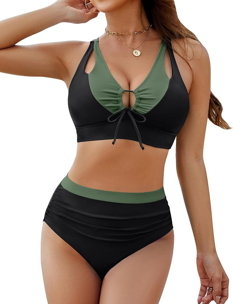 Blooming Jelly Women's High Waisted Bikini Sets Tummy Control Swimsuits Two Piece Color Block Keyhole Bathing Suit