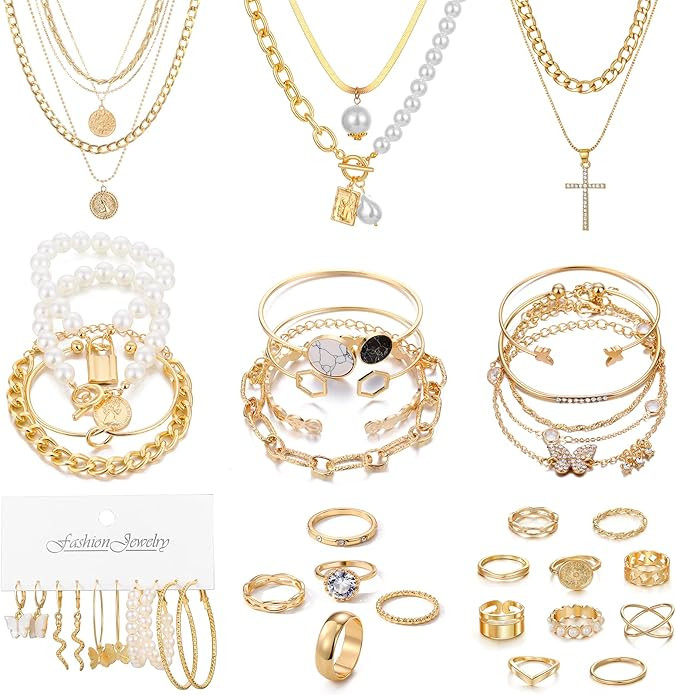 KISS WIFE Gold Plated Jewelry Set for Women with Multi Layered Necklaces, Stackable Bracelets, Knuckle Rings, Hoop Earrings Sets, Fashion Outfit Accessories Jewelry Packs, Gifts for Women