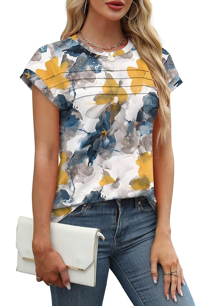 Womens Summer Tops Trendy 2025 Cap Sleeve T Shirts Crew Neck Pleated Front Clothes Fashio