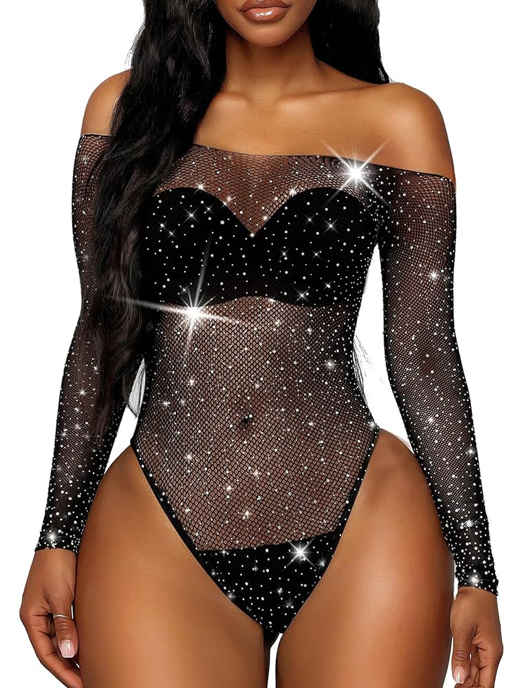 Women Lingerie Fishnet Bodysuit Sparkle Rhinestone Sexy Mesh Teddy Lingerie