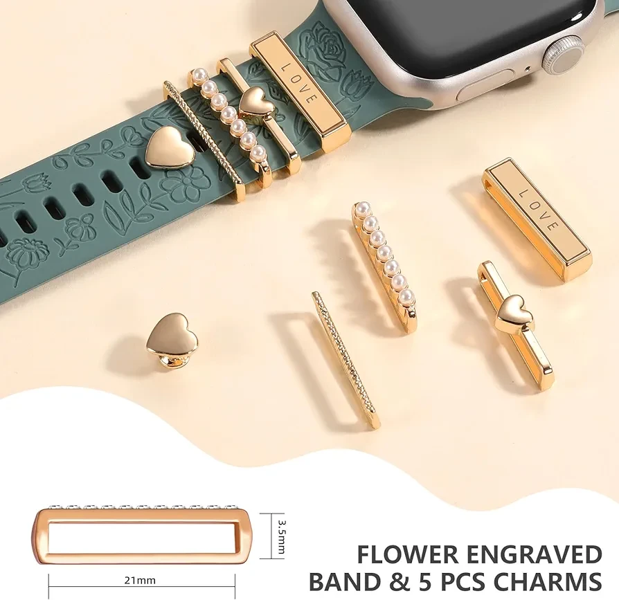 DaQin Flower Engraved Band Compatible with Apple Watch Bands for Women 40mm 38mm 41mm 42mm, Soft Silicone Band With Decorative Apple Watch Charms for iWatch Series 10 9 8 7 6 5 4 3 2 1 SE