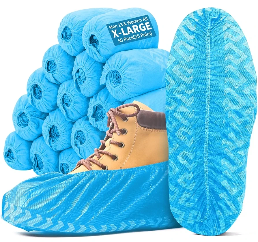 X-Large 50 Pack Shoe Covers Disposable Non-Slip, Black Non-Woven Fabric Boot Covers for Indoors Breathable Slip Resistant Durable Boot, Stretchable Fits Up to Size 13 US Men (Blue 50 Pcs (Xl))