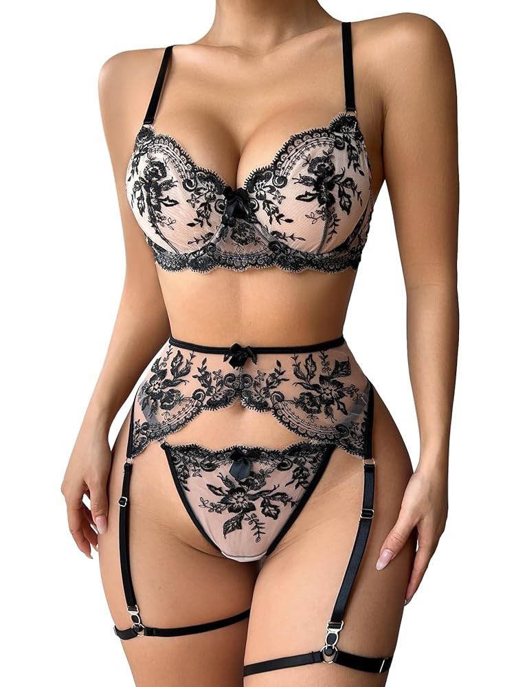 Sexy Floral Embroidery Mesh Sheer Underwire Push Up Garter Belt Lingerie Set 3 Piece