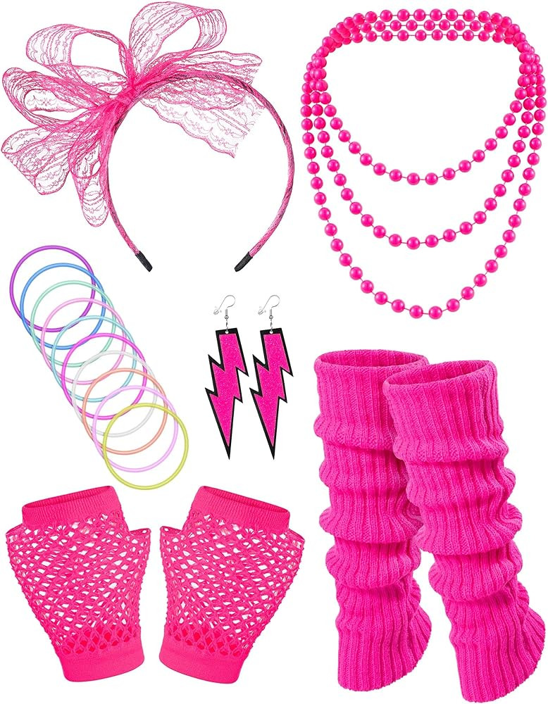 80S Fancy Dress Costume Accessories Headband Errings Fishnet Gloves Necklace Bracelt Leg Warmers Party Outfit Set