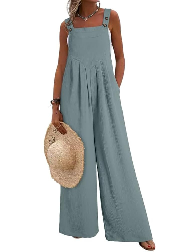 Women's Casual Loose Overalls Jumpsuits One Piece Sleeveless Wide Leg Long Pant Rompers With Pockets