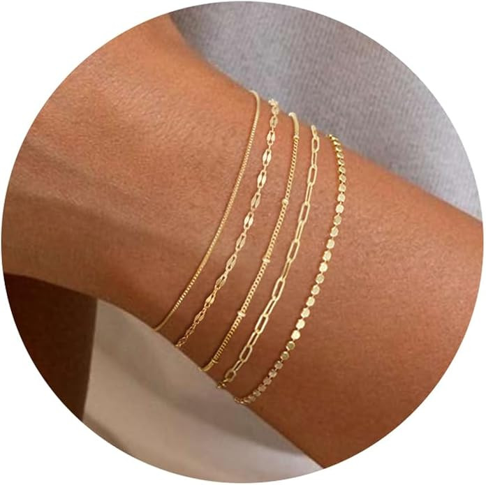 Gold Bracelets for Women, 14K Dainty Gold Plated Stackable Bracelets for Women Trendy Waterproof CZ Tennis Bracelet Set Tiny Heart Paperclip Box Chain Adjustable Bracelets Minimalist Cute Jewelry