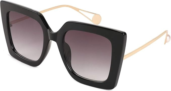FEISEDY Sunglasses Womens Trendy, Oversized Square Shades, Pearl Inlay Cat Eye Frame UV400 Protection B2625