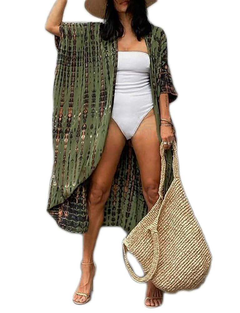 Bsubseach Stylish Tie Dye Open Front Long Kimono Swimsuit Cover Up for Women Swimwear Cover Ups
