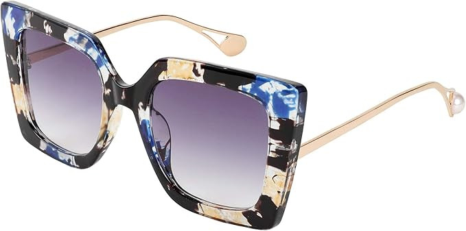 FEISEDY Sunglasses Womens Trendy, Oversized Square Shades, Pearl Inlay Cat Eye Frame UV400 Protection B2625