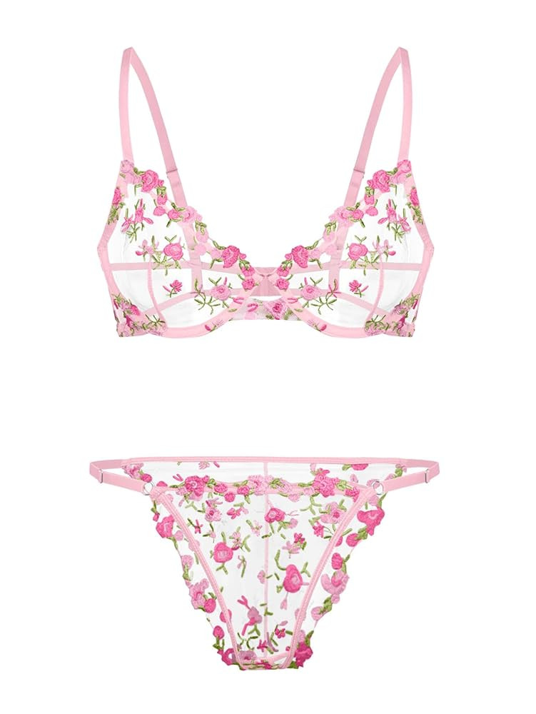 Sexy Floral Embroidered Mesh Sheer Underwire Lingerie Set
