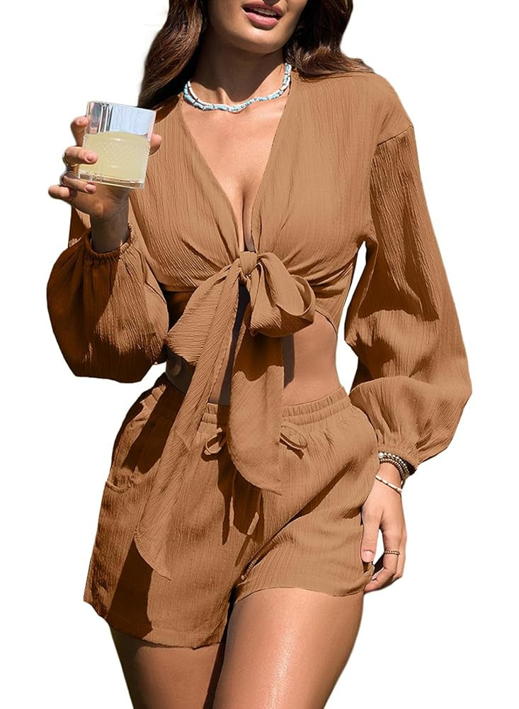 Women's Swimsuit Coverup Self Tie Blouse Shorts Set Bikini Cover Up Beach Outfit