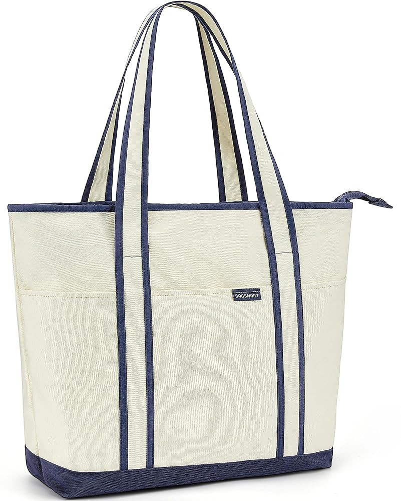 BAGSMART Canvas Tote Bag With Compartments and Zipper, Shoulder Handbag for Women, Travel, Shop