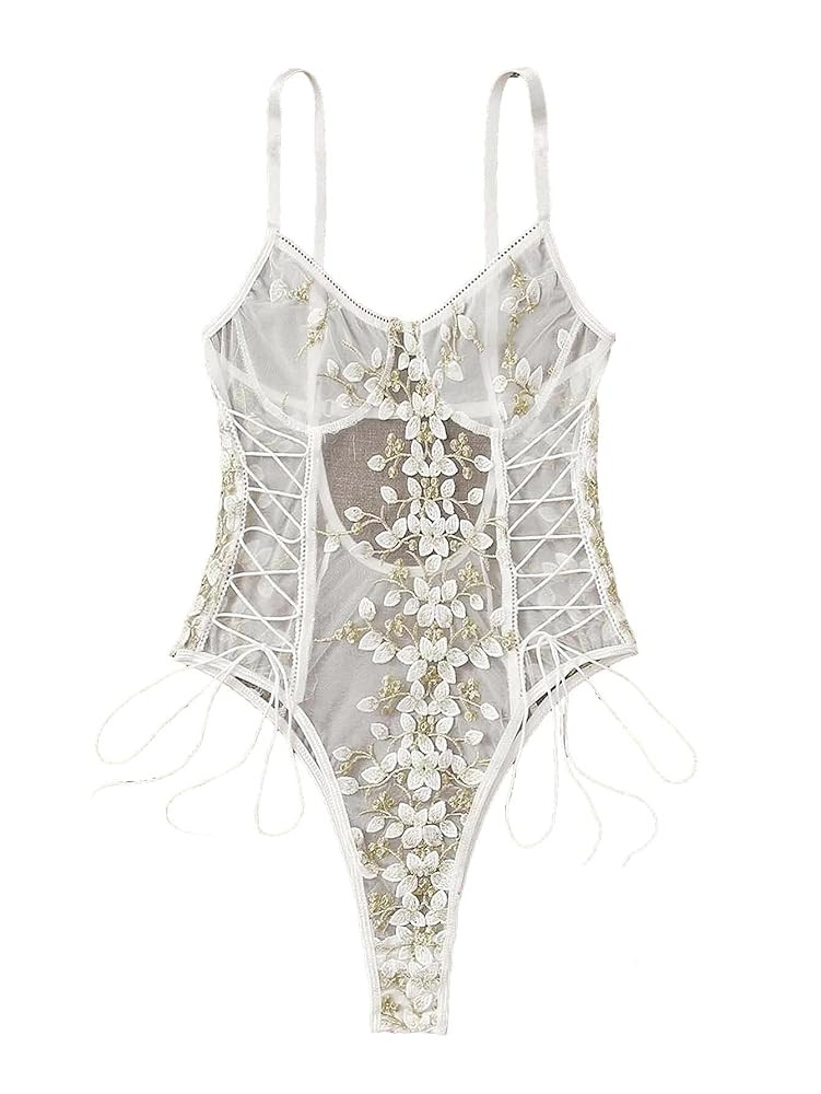 Women Sexy Lace Up Floral Embroidered Teddy Lingerie Bodysuit Top Mesh Sheer One Piece