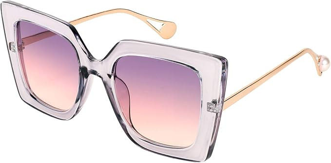 FEISEDY Sunglasses Womens Trendy, Oversized Square Shades, Pearl Inlay Cat Eye Frame UV400 Protection B2625