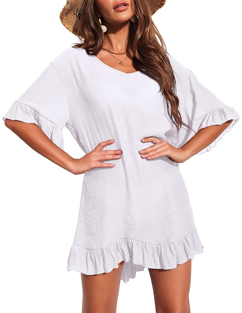 Womens Swimsuit Coverup V Neck Bathing Suit Beach Dress Sexy Ruffle Sleeves Bikini Cover Up Loose Top XS-3XL
