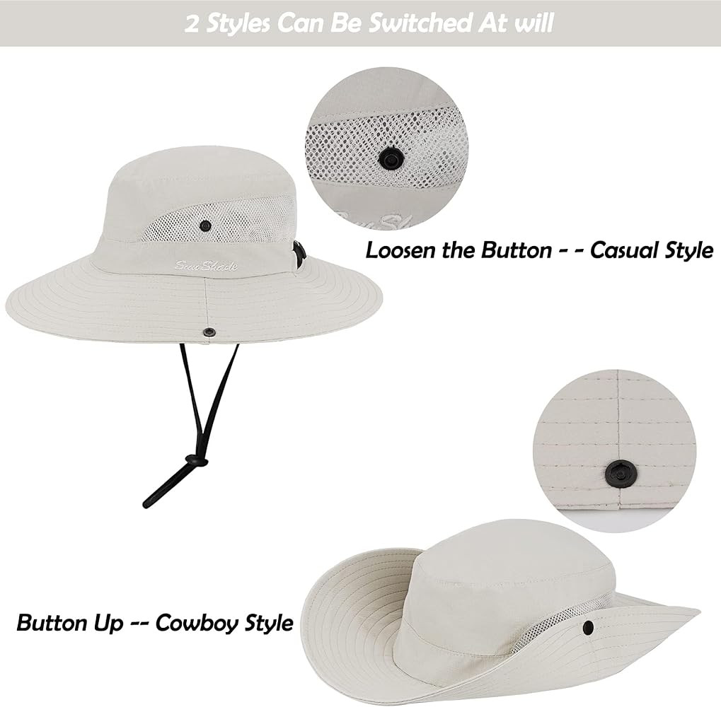 Women's Outdoor UV-Protection-Foldable Sun-Hats Mesh Wide-Brim Beach Fishing Hat with Ponytail-Hole