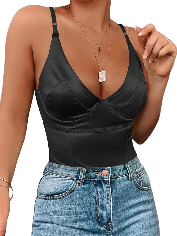 Womens Satin Corset Bodysuit Sexy Sparkly Deep V Neck Neon Party Club Going Out Tops with Underwire