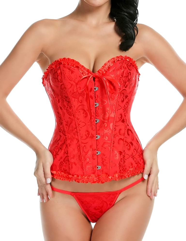 Plus Size Sexy Steel Boned Corset Floral Bustier Body Shaper Lingerie Set for Women