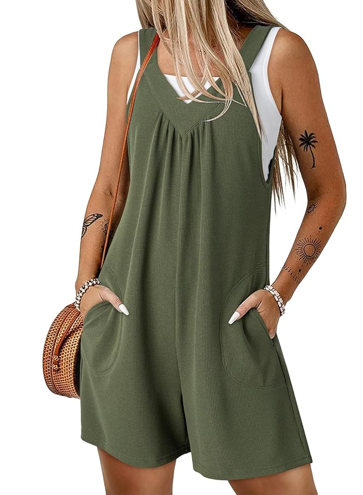 Women's Summer Sleeveless Waffle Knit Romper Tank Tops Belt Jumpsuits with Side Pockets