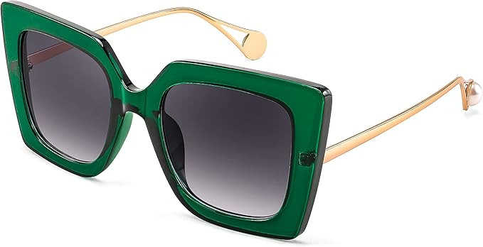 FEISEDY Sunglasses Womens Trendy, Oversized Square Shades, Pearl Inlay Cat Eye Frame UV400 Protection B2625