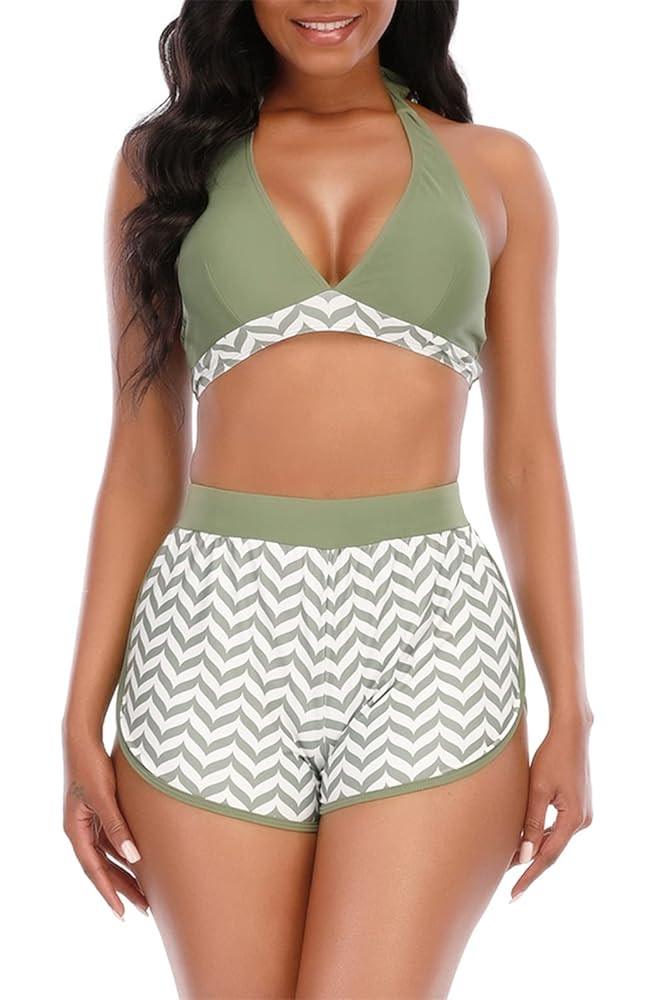High Waisted Swimsuits with Boy Shorts Brazilian Triangle Top Stripes Halter Bikini Two Piece Bathing Suits