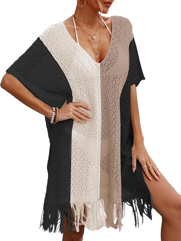 Womens Oversized Crochet Beach Dresses Summer 2025 Scoop Neck Cap Sleeve Bathing Suit Cover Up Mini Dress