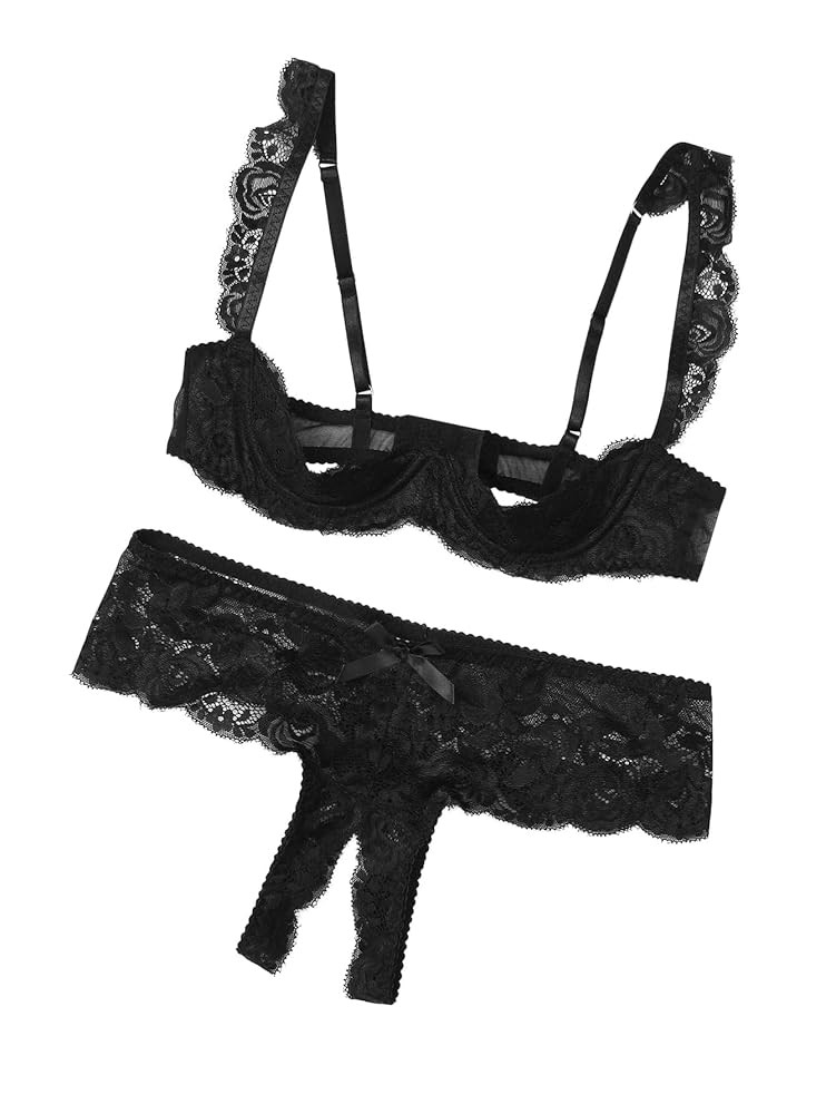 Women Sexy White Floral Lace Sheer Lingerie Set Underwire See Through Bra and Panty