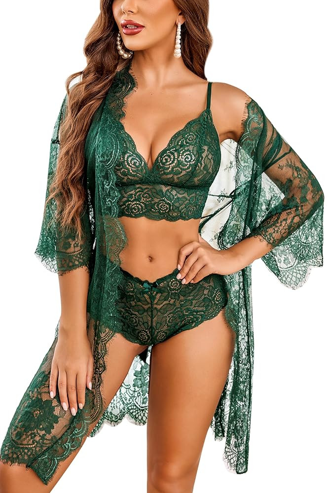 Women Sexy Lingerie Set 3 Piece Bra and Panty Sets with Lace Kimono Robe Sleepwear Mesh Nightgown