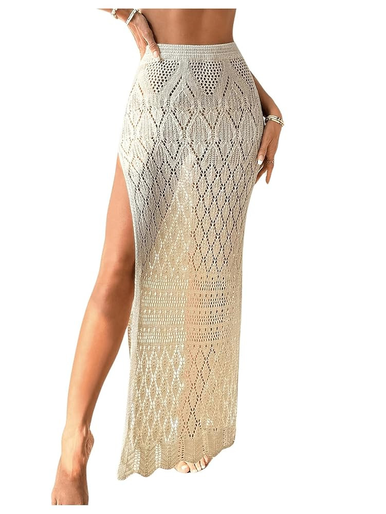 Women's Crochet Swim Cover Up High Slit Sheer Long Beach Skirt Cover Up