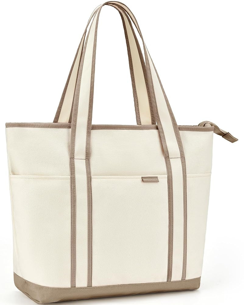 BAGSMART Canvas Tote Bag With Compartments and Zipper, Shoulder Handbag for Women, Travel, Shop