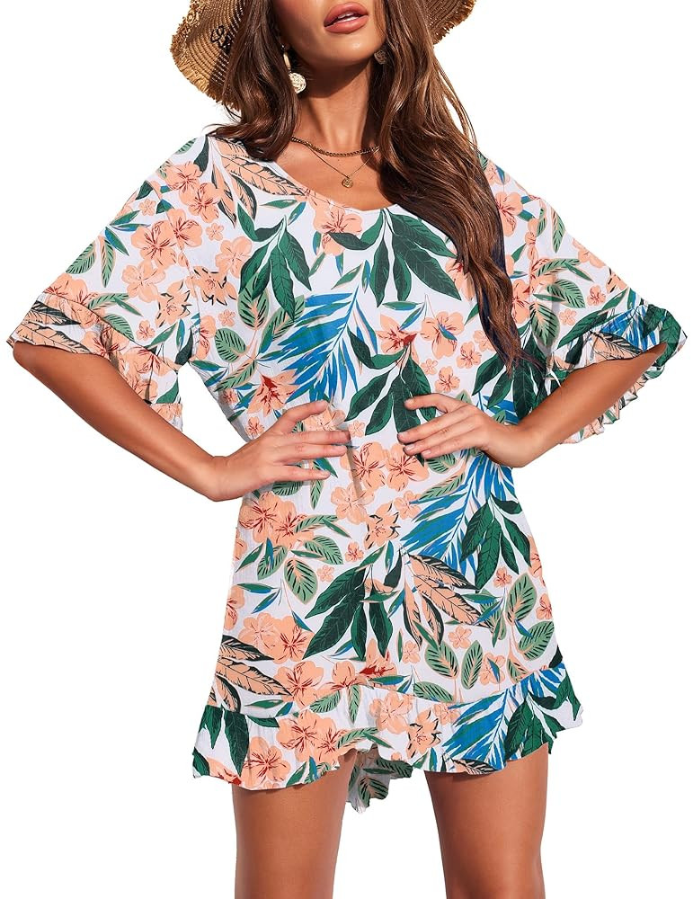 Womens Swimsuit Coverup V Neck Bathing Suit Beach Dress Sexy Ruffle Sleeves Bikini Cover Up Loose Top XS-3XL