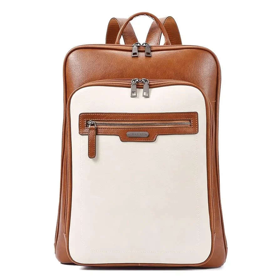 CLUCI Leather Laptop Backpack for Women 15.6 inch Computer Backpack Travel Large Business Work Daypack Off-white with Brown