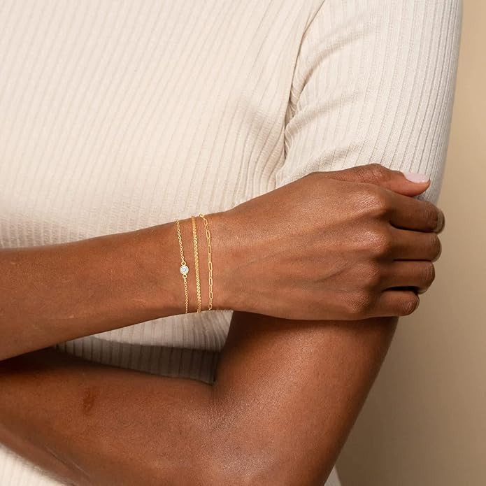 Gold Bracelets for Women, 14K Dainty Gold Plated Stackable Bracelets for Women Trendy Waterproof CZ Tennis Bracelet Set Tiny Heart Paperclip Box Chain Adjustable Bracelets Minimalist Cute Jewelry