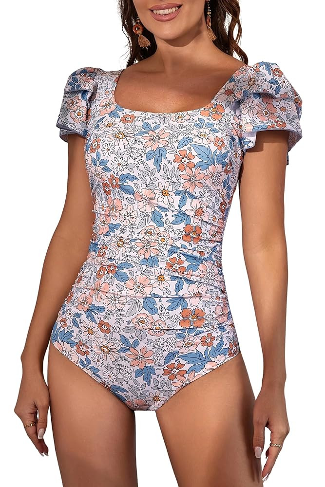 Women's Tummy Control One Piece Swimsuit Ruffle Square Neck Bathing Suit Ruched Cutout Back Slimming Swimwear