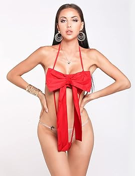 Women Satin Bow Teddy Babydoll Ribbon Big Bowknot Red Lingerie Chemises Nightwear