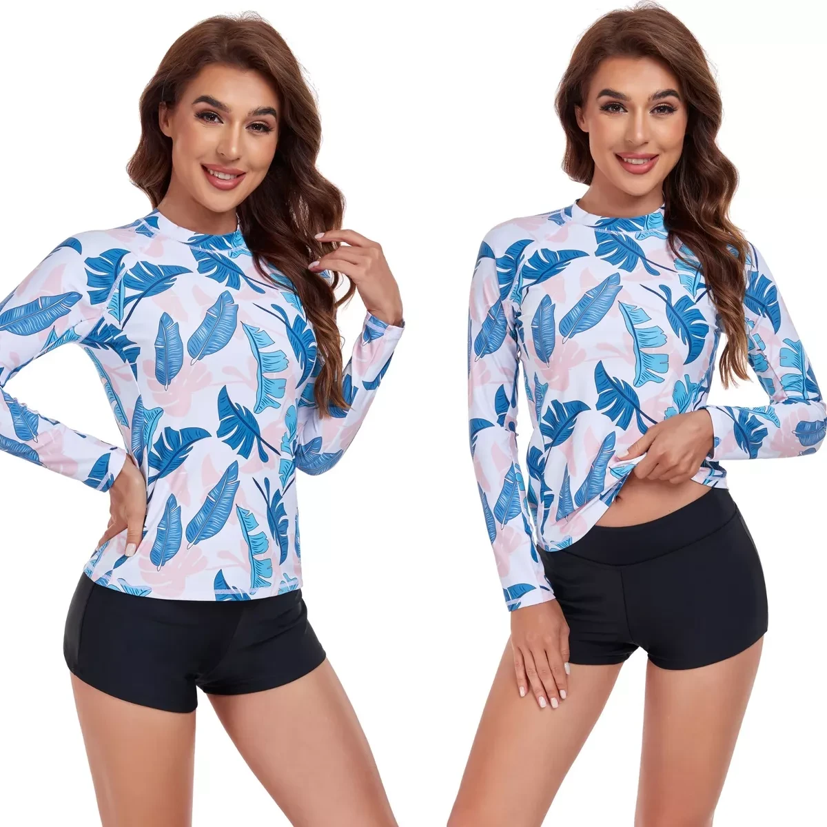 Women Two Piece Swimsuit Long Sleeve Rash Guard Diving Suit Swim Top + Short