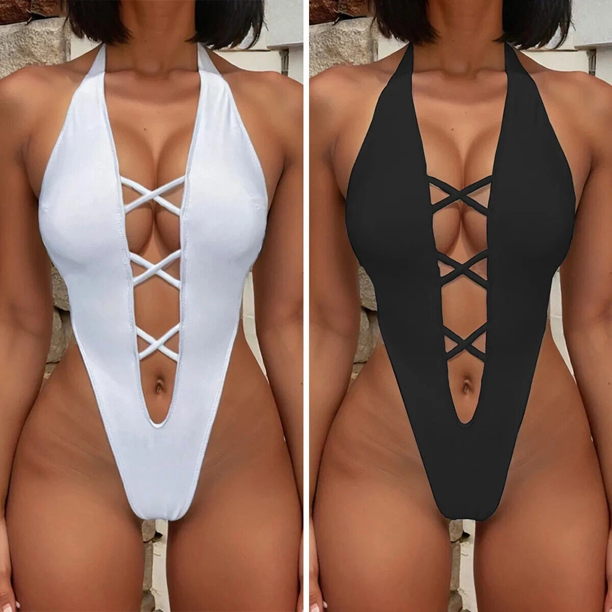 Hot Sexy V-Neck One Piece Swimsuit High Cut Out Monokini Thong Bathing Suits