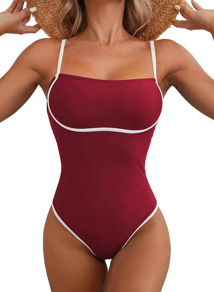Women One Piece Swimsuit Seamless 2025 Summer Bathing Suit Color Block Trims Sporty Spaghetti Strap Beachwear