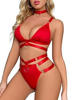 Sexy Wireless Choker O Ring Linked Strappy Harness Lingerie Set Outfits 3 Piece