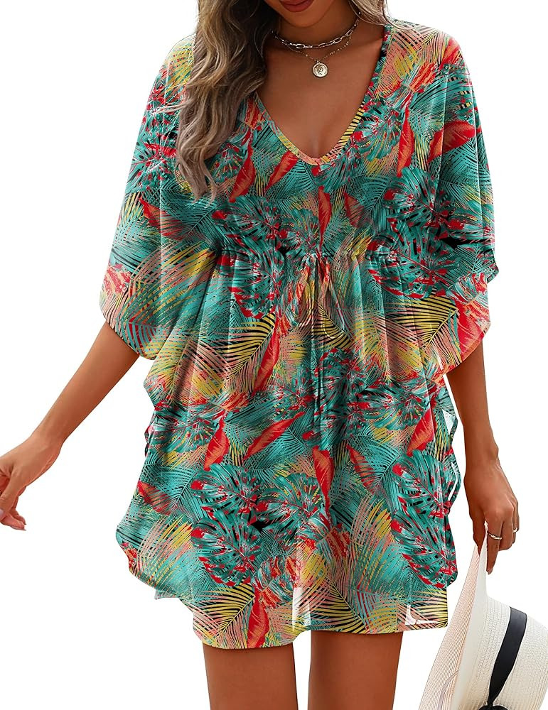 Womens Beach Swimsuit Coverup Sexy Sheer Bathing Suit Cover Up Dress Swimwear Tie Waist Chiffon Beachwear