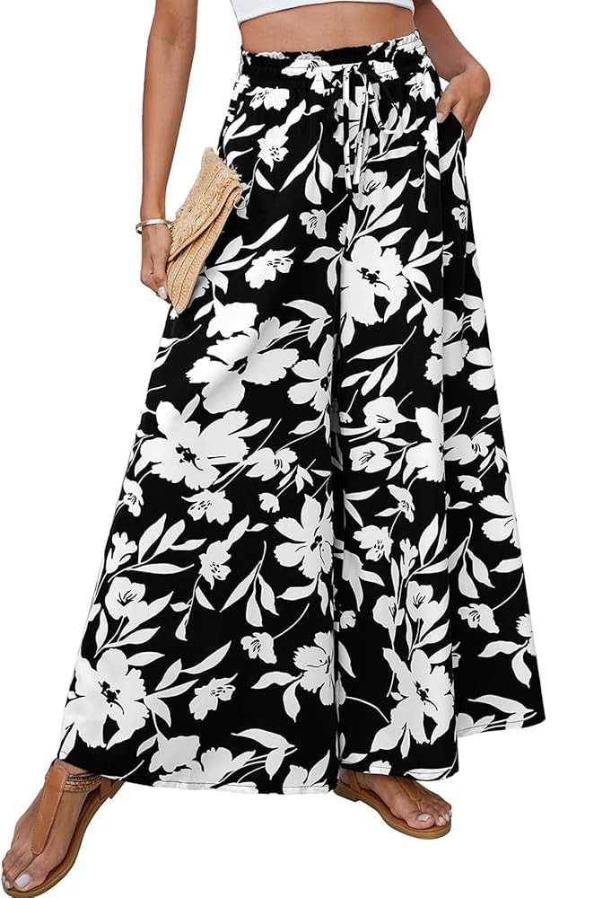 Women's Palazzo Pants Boho Floral Wide Leg Trousers Summer Beach High Waisted Flowy Pants with Pockets