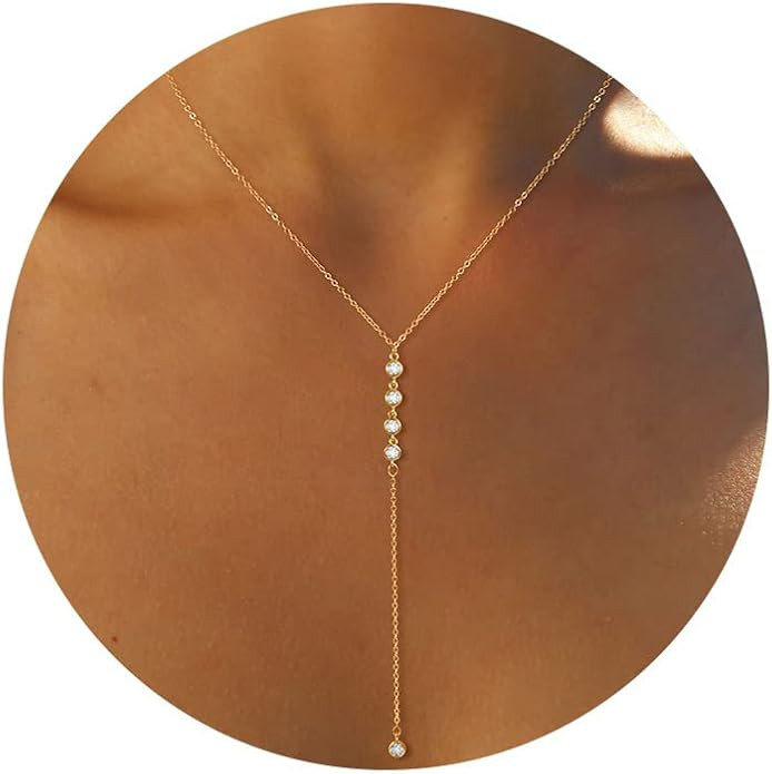 Foxgirl Lariat Gold Necklace for Women, Dainty Long Necklace 14k Gold Plated/Silver Y-Shaped Pendant Necklace Trendy Layered Cz Beaded Chain Drop Necklaces Simple Gold Jewelry For Women Gift