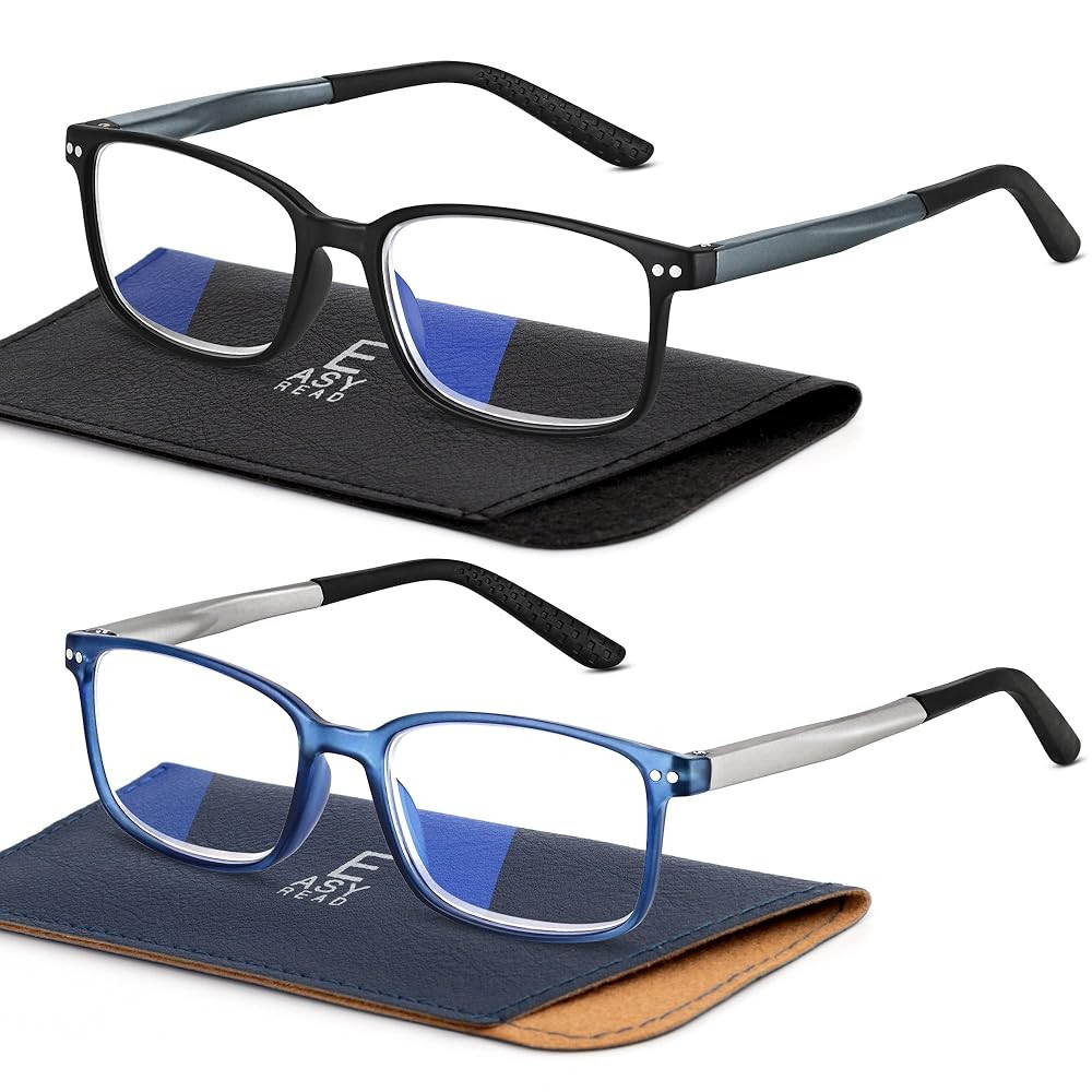 EASY READ 2 Pairs Sporty Style Reading Glasses for Men，Rectangular TR90 Blue Light Blocking Readers with Spring Hinge
