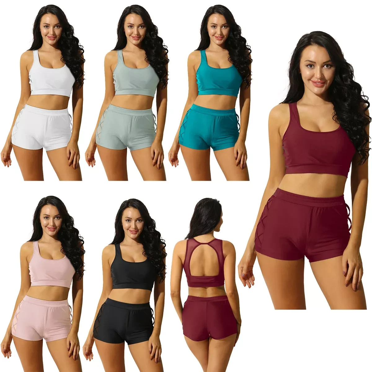 Women Sporty Bikini Swim Tops+Boyshorts Bottoms Two Piece Swimsuit Bathing Suit