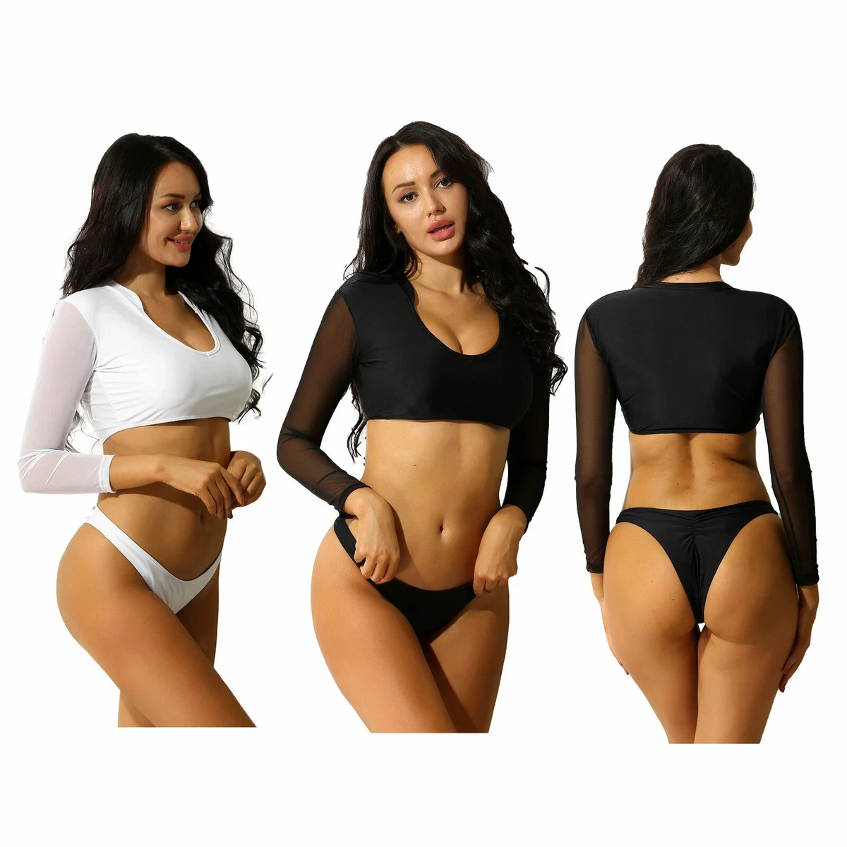 Women Sexy Bikini Set Long Sleeve Hollow Mesh Swimsuit Swimwear Bathing Suit New