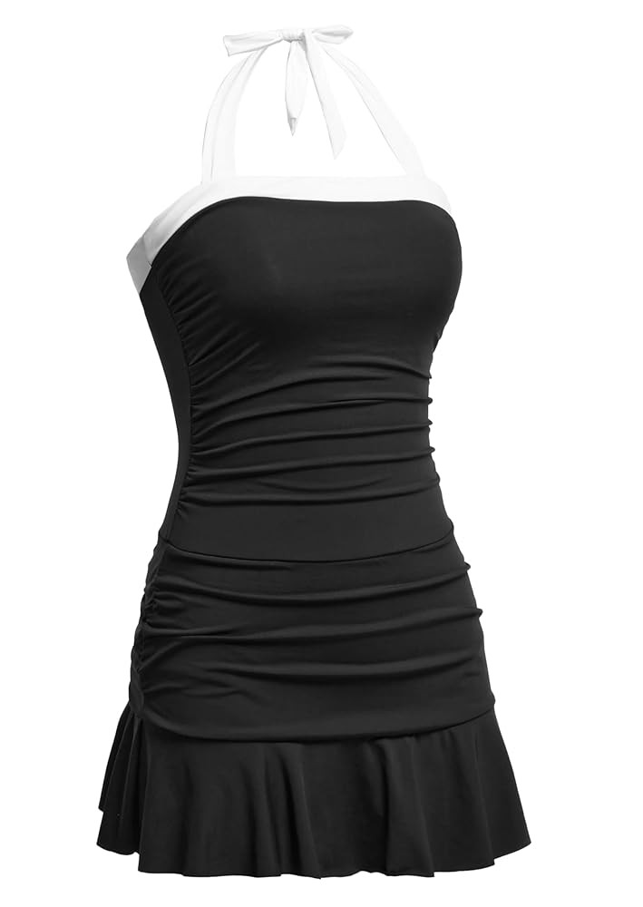 Women One Piece Swim Dress - Tummy Control Swimsuit with Skirt Halter Bathing Suit